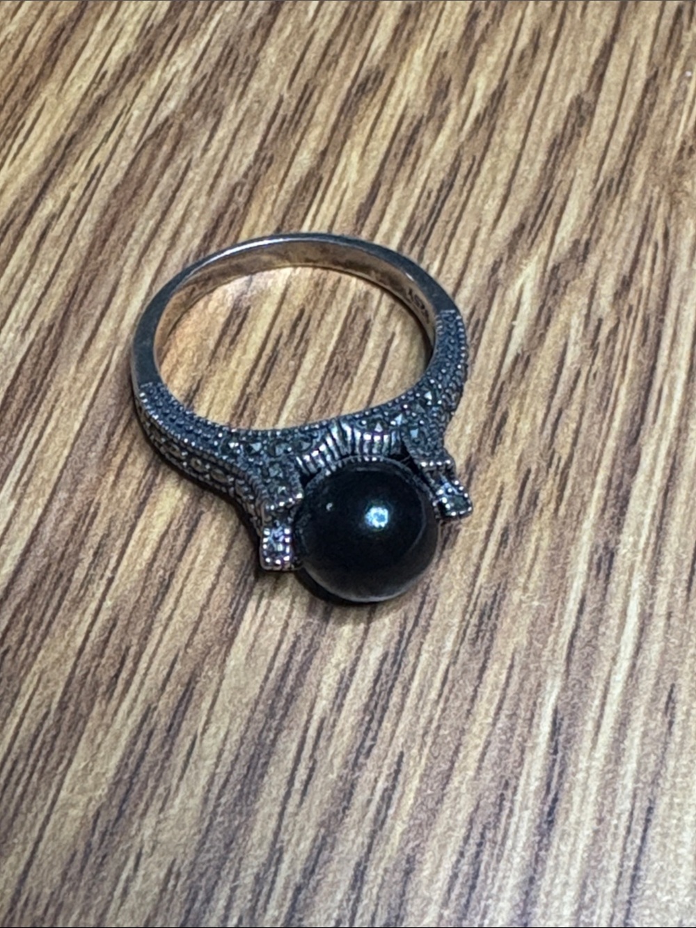 Sterling Silver Marcasite  Ring with Black pearl